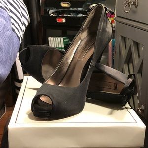 BCBG Satin Black Peep Toe Pumps